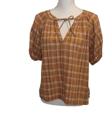 Loft small yellow Plaid Short raglan Sleeved Blouse v-neck tassels Cotton