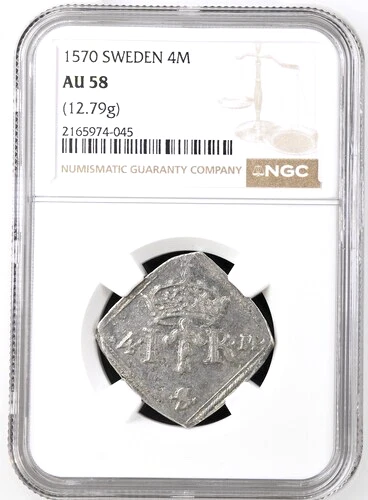 1570 Sweden Klippe 4 Mark, NGC AU 58, Ahlstrom SH-124, John III, Superb Example