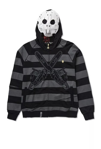 LRG Friday the 47th Hoodie Black Striped Removable Face Mask Zip Up Size 2XL