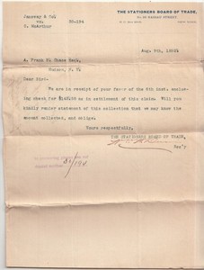 1892 Stationers Board of Trade Janeway & Co vs C. McArthur NY Legal Letter