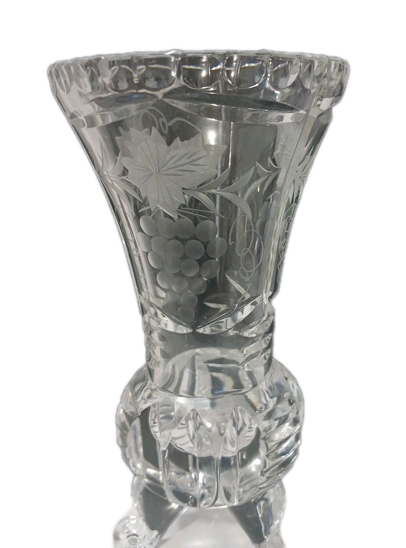 Vintage West German 8½ Inch Leaded 3 Footed Pressed Glass Etched Vase