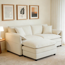 Beige Deep Seat Sectional Sofa Cloud Couch Ottoman, Chenille Comfy Seat Couch