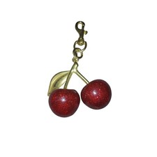 Red Glitter Cherry Bag Charm Gold Tone Fruit Keychain Lobster Clasp Accessory
