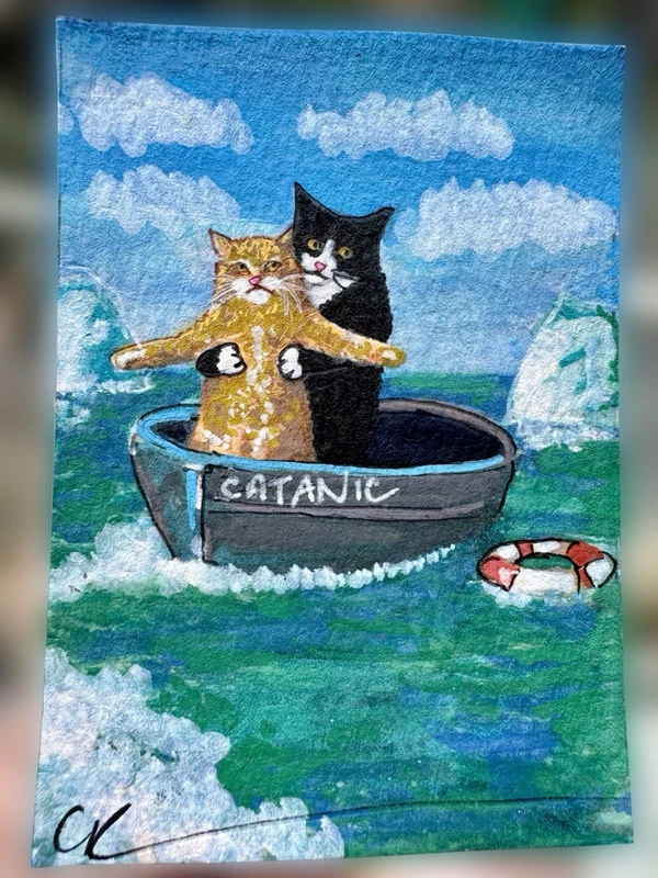 ACEO Original : MEME CATS - CATANIC : Mixed Media, OOAK  : CAT Art : AUS