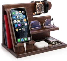 TESLYAR Wood Phone Docking Station Organizer Nightstand Key Wallet Watch Holder