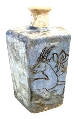 Vintage 5 Sided Pentegon Iznik Pottery Bud Vase Flask Pottery Gazelle 6'' *K