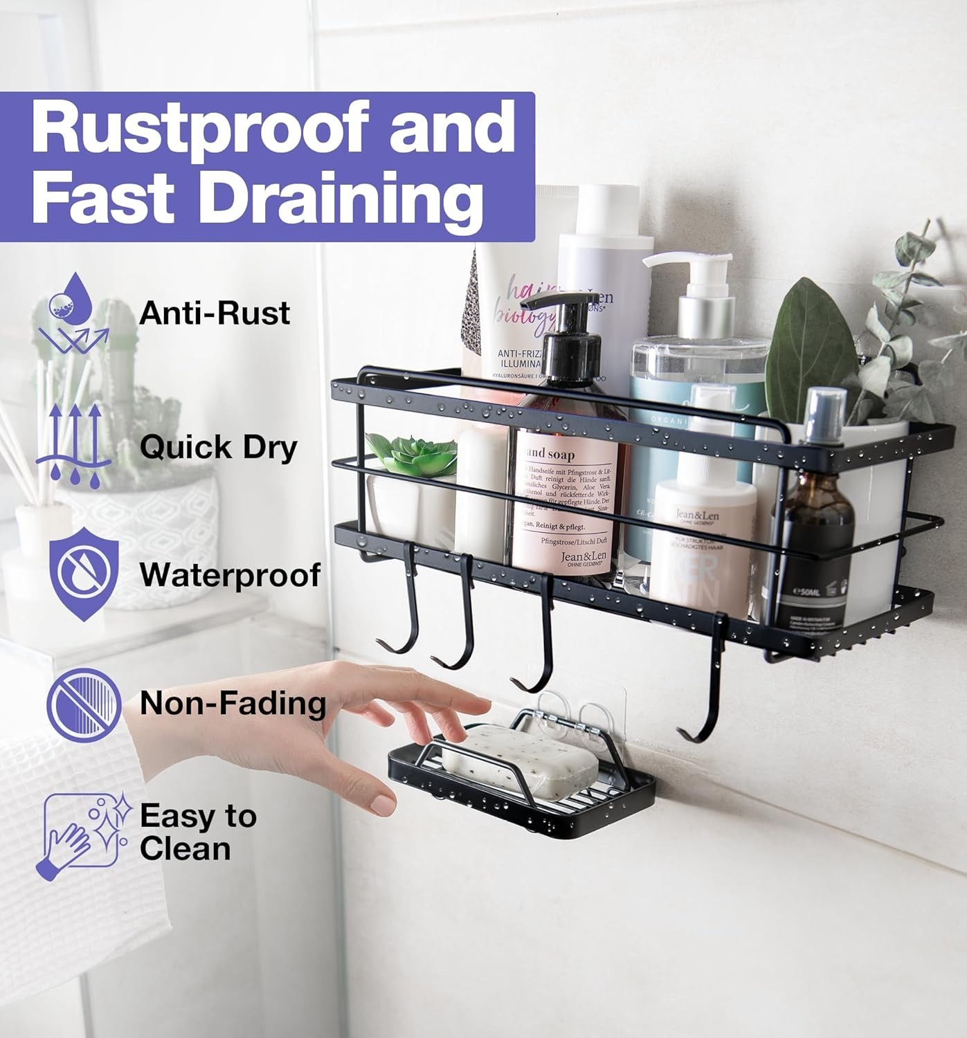 Bathroom Shower Organizer Stainless Steel No Drill Rustproof 4 Hooks Storage