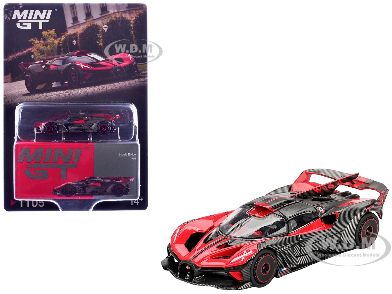 Bugatti Bolide Red & Carbon Fiber 1/64 Diecast Model Car By Mini Gt Mgt01105