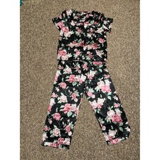 Women's size large Black Floral Satin Pajama Set with Pink Roses sleep lounge