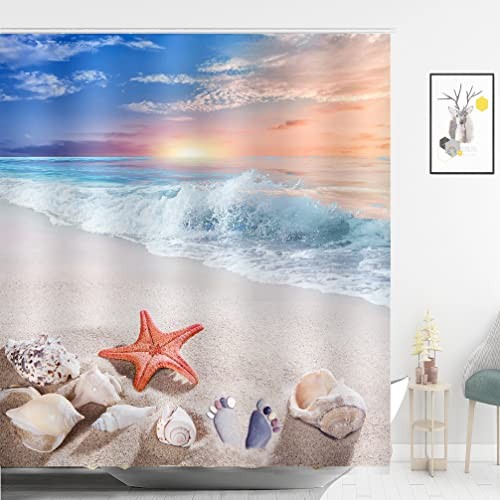 Beach Shower Curtain Seashell Starfish Sunset Scene Bathroom Decor 72 x 72