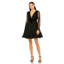 Mac Duggal Long Sleeve Deep V Lace Babydoll Dress 49794 Black Size 2 MSRP $298