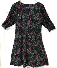 Tommy Hilfiger Womens Paisley Dress Size 8 Black Pink Green 3/4 Sleeve Fit Flare