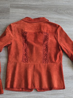 Cache Women's Suede Leather Rust Crochet Trim Jacket. Size Large