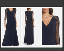 Adrianna Papell Sequin 3/4 Sleeve Jersey Gown in Navy Blue Size 6     #D13