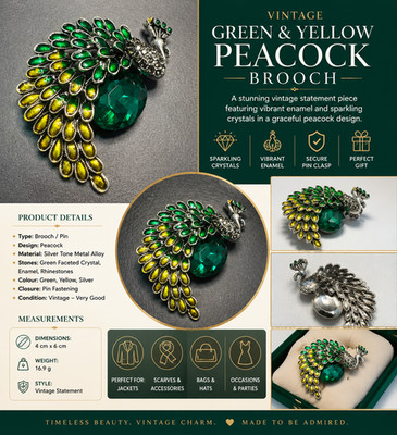 Vintage grün gelb Pfau Brosche groß Kristall Strass Statement Pin