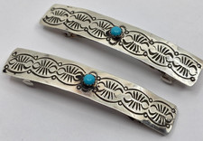 Pair 2 Navajo Sterling Silver Handstamped Turquoise Hair Barrette Clips