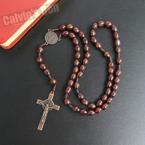 Coffee Brown Oval Wood Bead Antique Brass Crucifix Rosary Necklace Five Decade - Picture 2 of 8