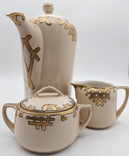 Antique MZ Austria Art Deco Coffee Tea Pot Peach And Gold With Creamer & Sugar - Picture 16 of 16