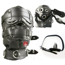 Head Hood Headgear PU Leather Mask Mouth Gag Plug Muzzle Harness Bondage BDSM
