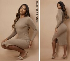 New PrettyLittleThing Mocha Ribbed Knitted Bodycon Midi Dress Medium