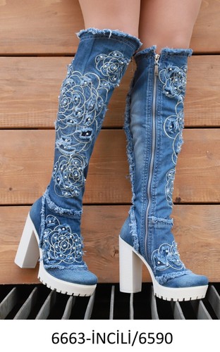Denim Boots Shoes, Platform Boots, Handmade Women's Shoes / Birthday Gift - Picture 3 of 4