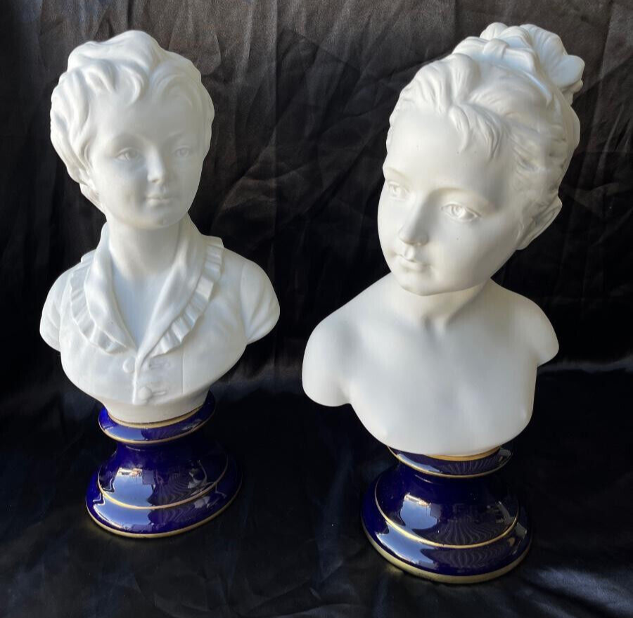 C. THARAUD Limoges GOUMOT-LABEESE BISQUE BRONGNIART Busts 15.5” cobalt bases