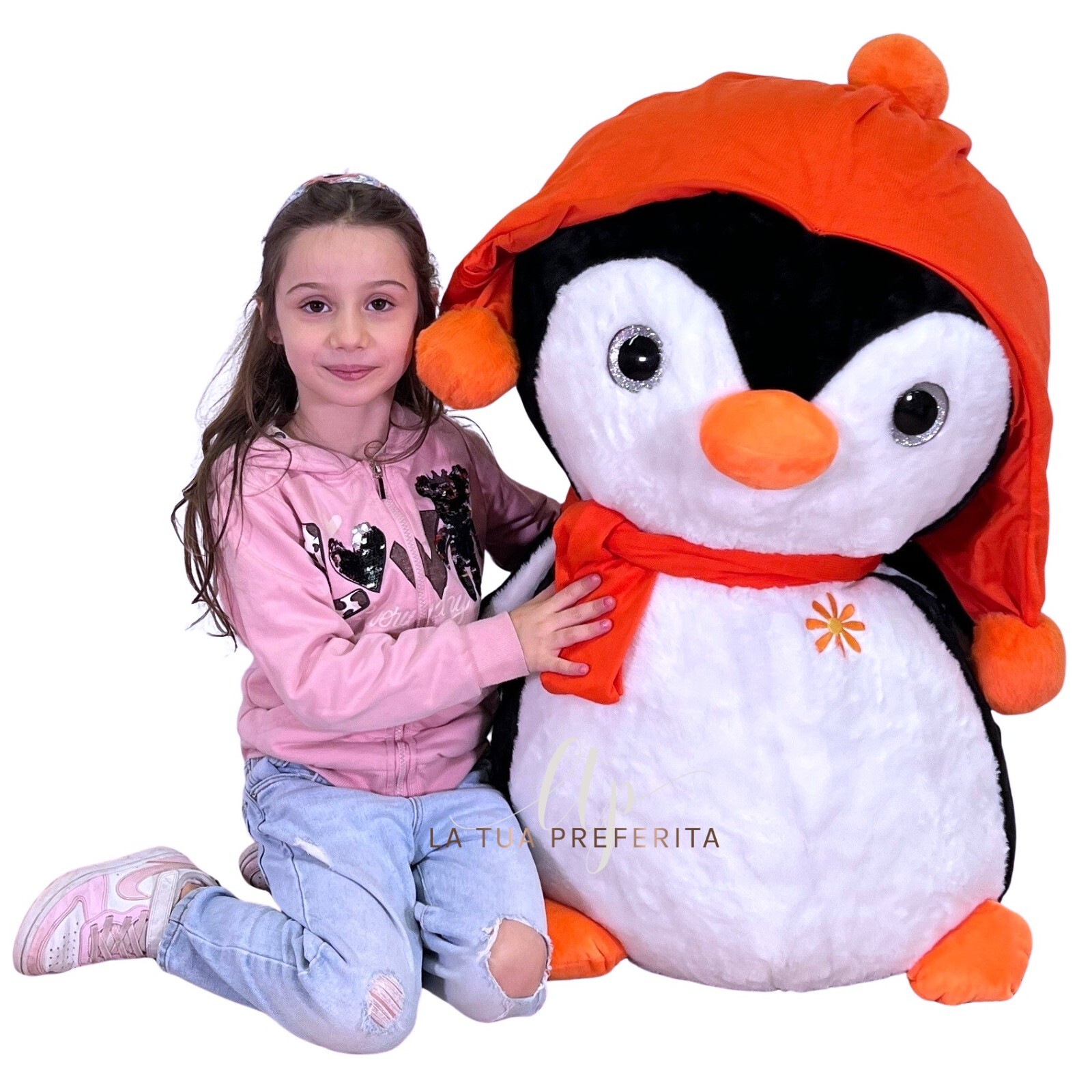 Pinguino Gigante 90cm con Capello e Sciarpa Peluche Soft Plush Size XXL