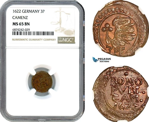 AJ303, Germany, Kamenz, 3 Pfennig (Dreier) 1622, NGC MS65BN, Pop 1/0