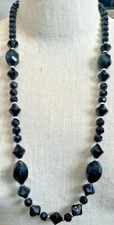 Vintage Deco Flapper Style Faceted Jet Black & Silver Bead LONG Strand Necklace
