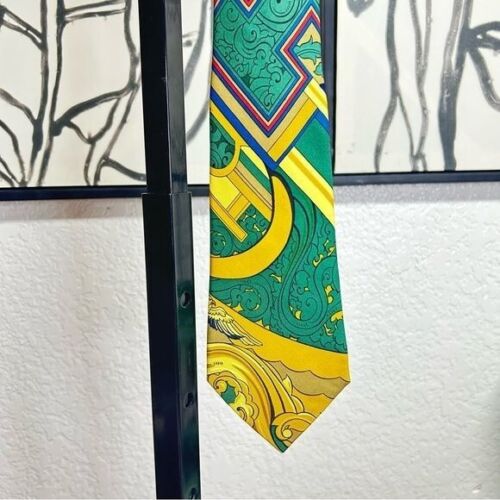 Hermes scarf print silk tie Bird Horse Gold Green rare