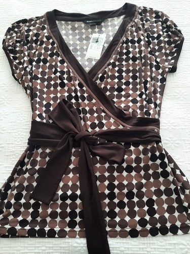 BCBG MAXAZRIA TOP Belted WRAP BROWN BLACK White Polka DOT Jersey SHIRT NWT LARGE
