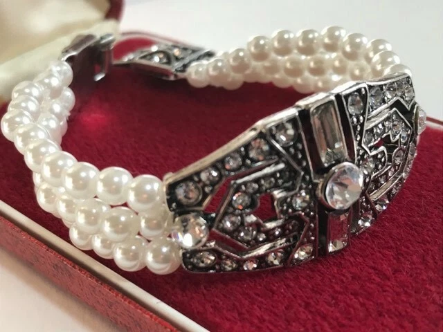 Vintage Art Deco Style Diamante Crystal Faux Pearl Geometric