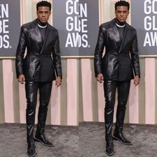 Black Leather Men's Suit Streetshot Peak Lapel Wedding Groom Tuxedo 2Pc Slim Fit