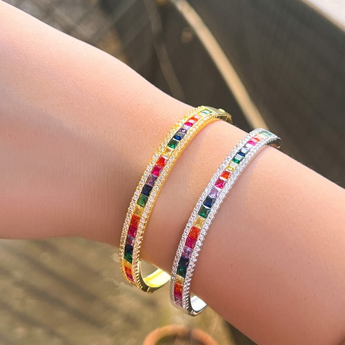 Square Cut CZ Open Cuff Bangle Cubic Zirconia Silver Plated Blue for Brides Prom - Imagen 4 de 21