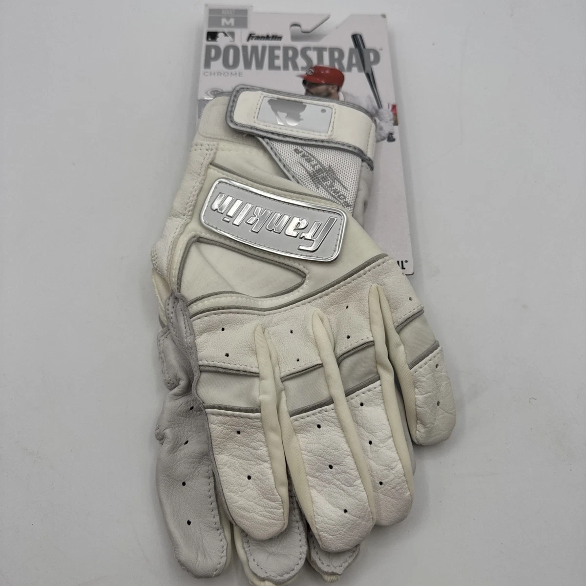 Guantes de bateo Franklin Powerstrap blancos y cromados medianos para adultos - (20491F2) nuevos