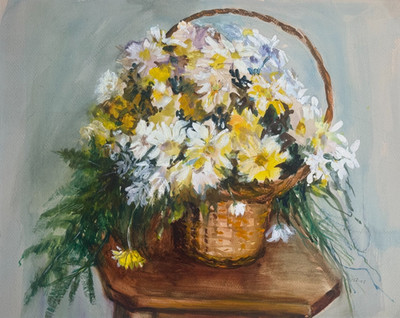 P FRIEDMAN ORIGINAL WATERCOLOR PAINTING STILL LIFE WITH FLOWERS IN STRAW BASKET