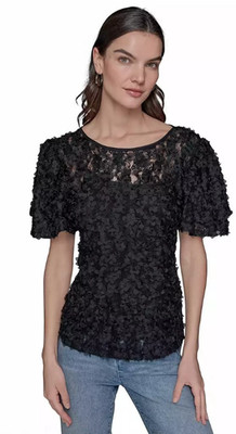 KARL LAGERFELD Women's Top Size M Black Ruffled Lace Floral & Under-Tank JAN400