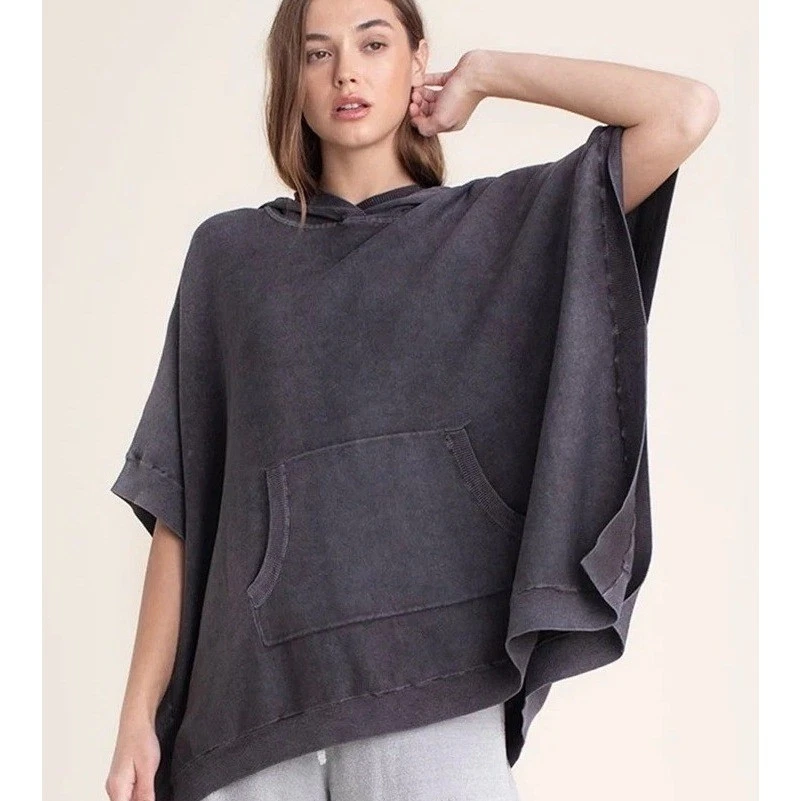 Barefoot Dreams Sunbleached Poncho Women OS Faded Black Cotton Knit Loungewear