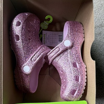 Crocs Classic Chunky Glitter Clog Pink Girls Hook & Loop Breathable US Size 1