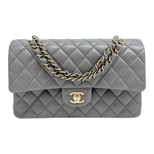 CHANEL Medium Classic Double Flap 2021-2026 Matelasse Grey Leather Shoulder Bag