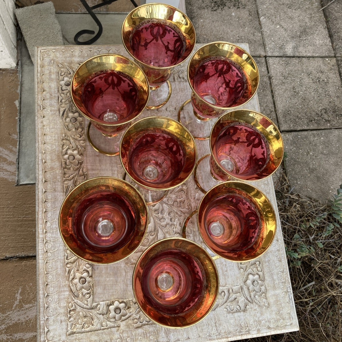 2 SC LINE ITALY Cranberry Red & Gold Encrusted 8oz Water / Wine