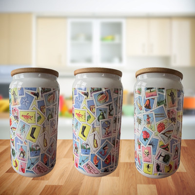 Mexican Lottery Handmade Designed 16oz Glass Can.
