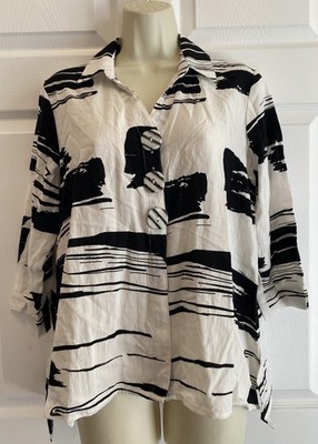 Ali Miles White Black Abstract Tunic Top Shirt 3/4 Sleeve Large Buttons Artsy PM
