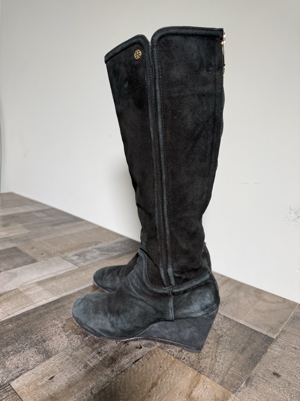 Tory Burch Black Suede Wedge Knee-High Boots | Size 10.5