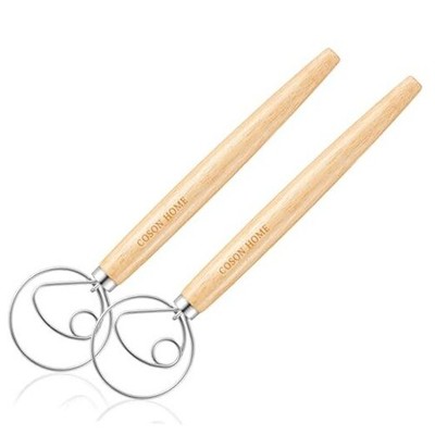Pack of 2 Danish Dough Whisk, Kitchen Baking Flour Mixing Wood Light Yellow