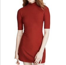 REFORMATION JEANS Burnt Orange Red/Sienna Stretch Ribbed Mock-Neck Mini Dress S