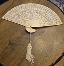 Vintage Asian/Chinese Cream Intricate Folding Fan Open Cut Work With Box VGC