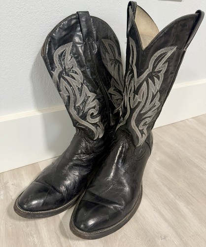 Cowtown Vibram Sole Leather Cowboy Classic Black White Thread Cowboy Boots 12 - Picture 9 of 11
