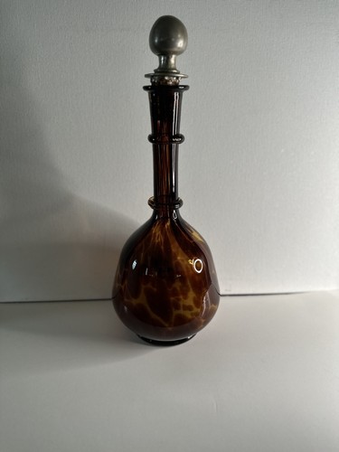 Italian Glass Decanter Genie Bottle w/ Round Metal Stopper Tortoise Shell Vtg - Picture 2 of 9