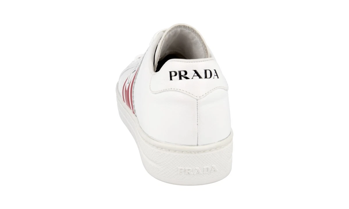 PRADA Leder Downtown Sneaker Schuhe 1E125M Weiss Rote Streifen NEU - 37